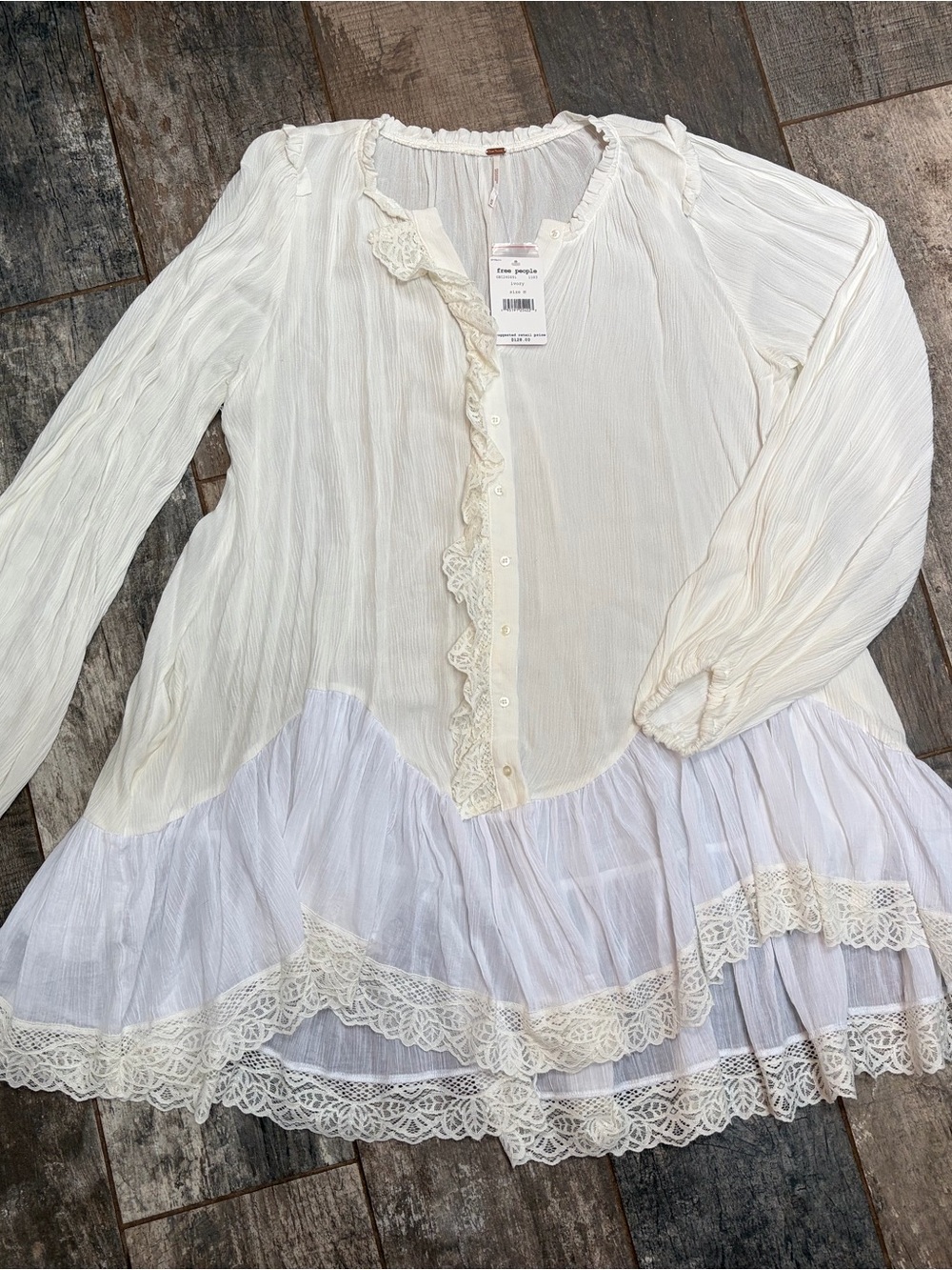 Free People Sheer White & Ivory Lace-Trim Long Sleeve Tunic Blouse NWT - Picture 3 of 12